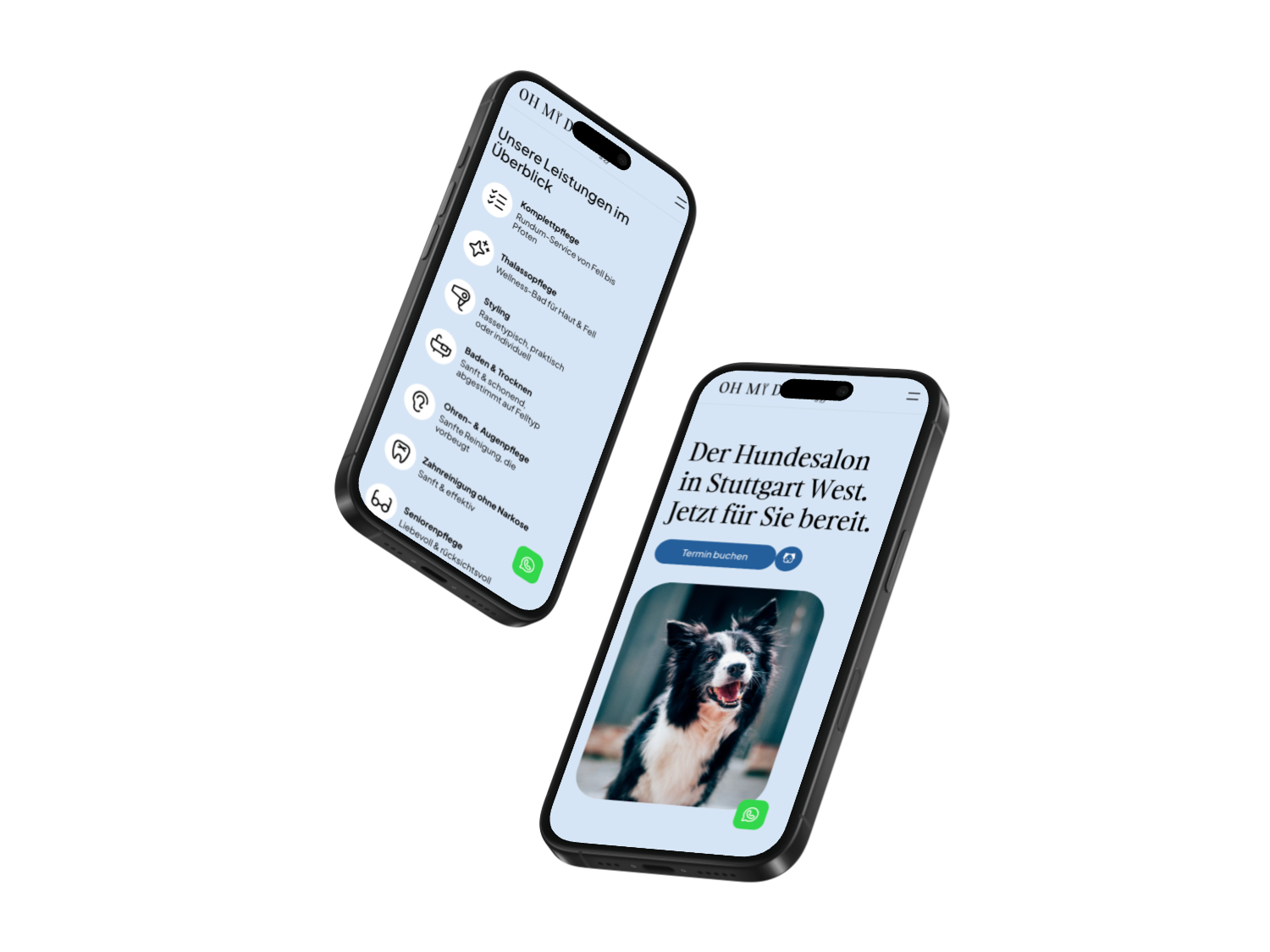 Oh My Dog! website on two phones